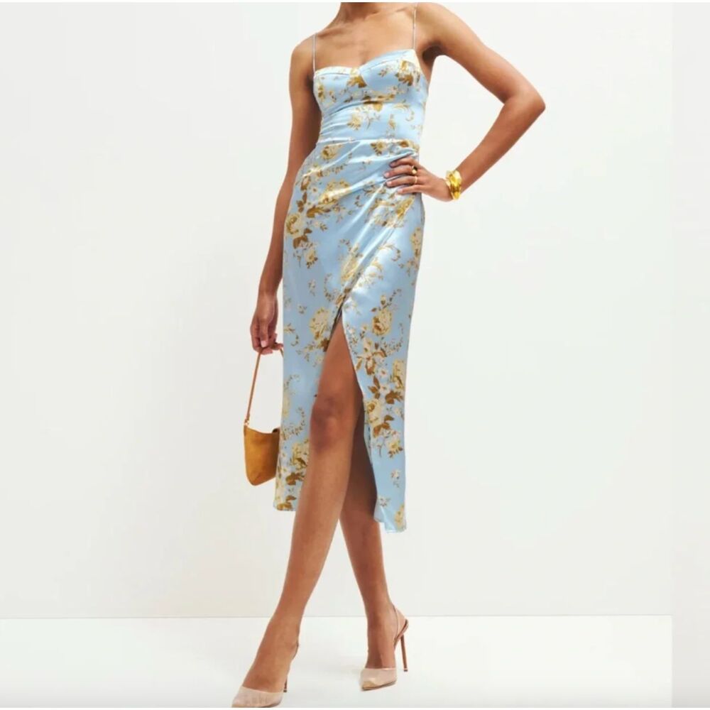 Reformation Marguerite Silk Midi Dress Heavenly Blue Floral, Size 12